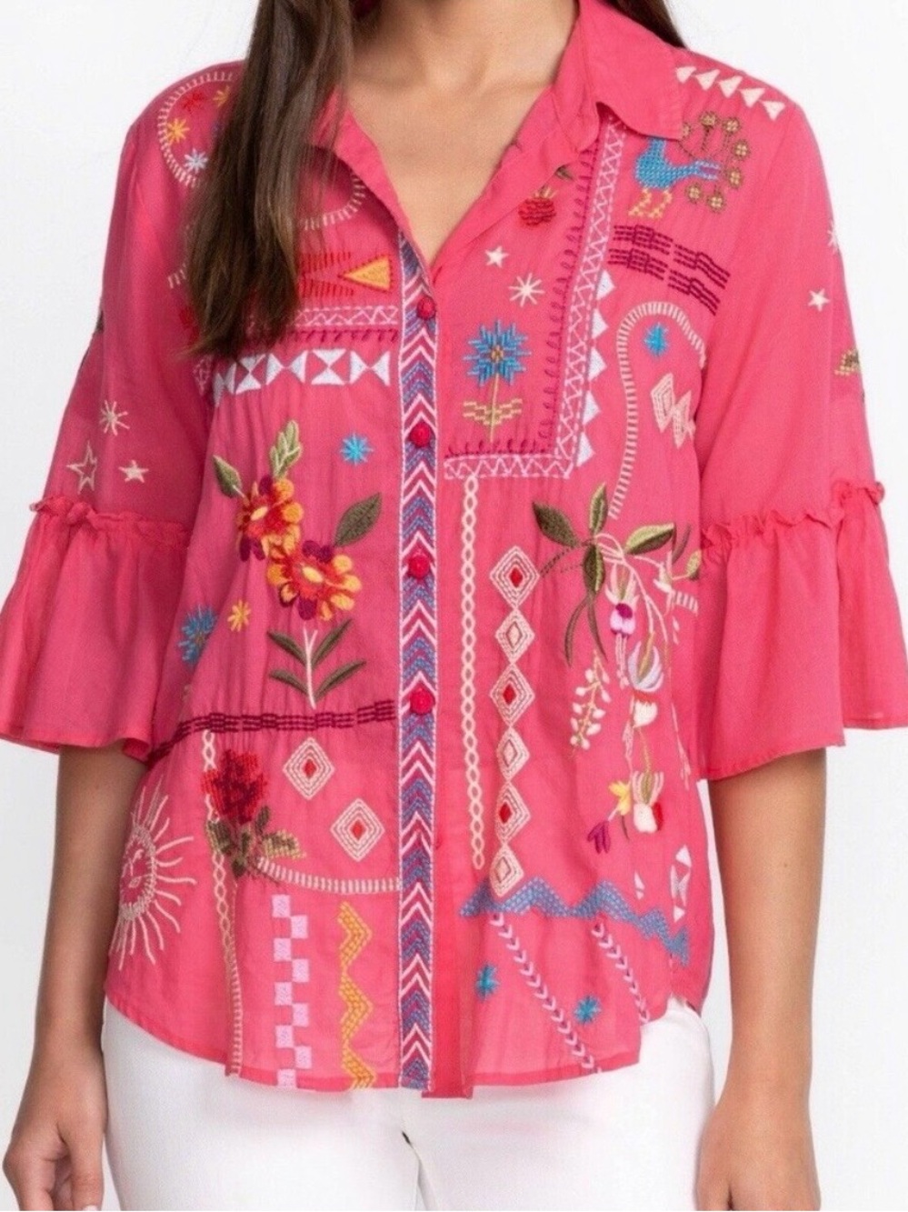Johnny Was Lyonne Ruffle Sleeve Shirt size L